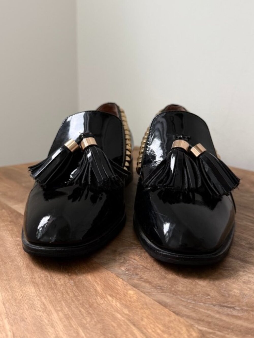 Rosebud by JEFFERY CAMPBELL Black Patent Studded Tassel Loafers Punk Flat 37 - Picture 2 of 11